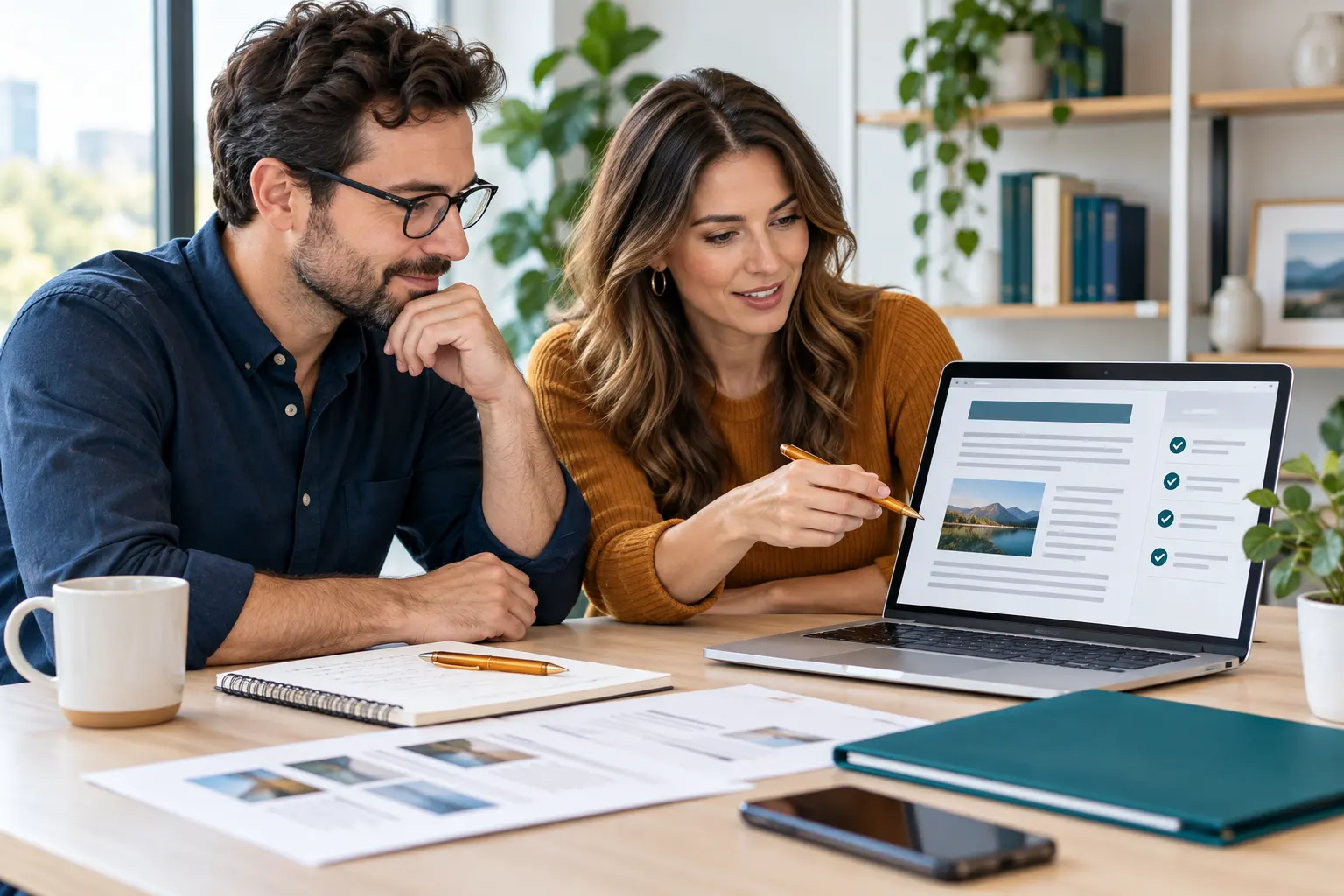Two professionals reviewing a blog draft and checklist together on a laptop