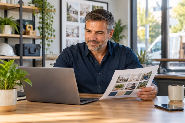 Local business owner planning blog content in a commercial workspace
