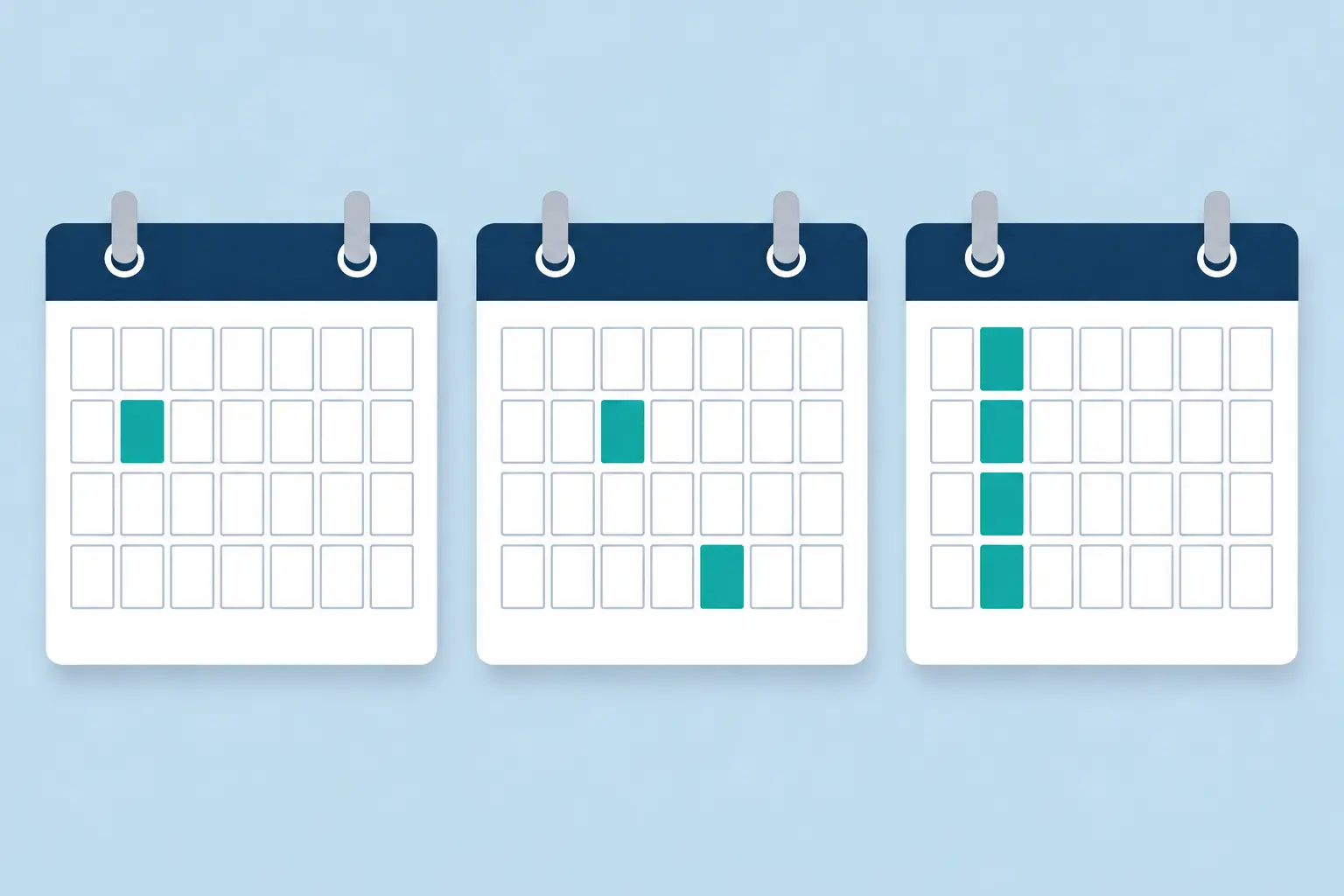 Three calendars comparing one, two, and four blog publishing dates per month