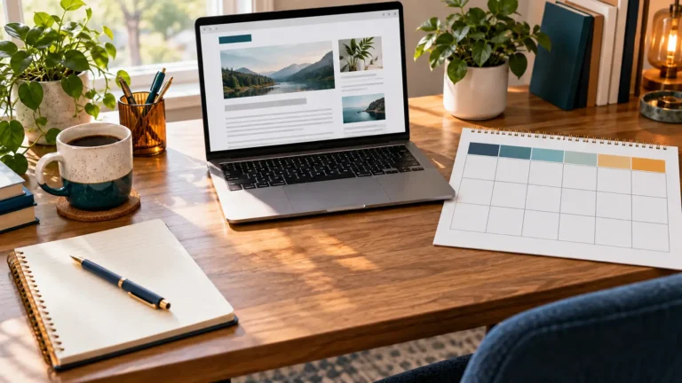 Content planning desk with a laptop, four-week editorial calendar, open notebook, coffee, and plants