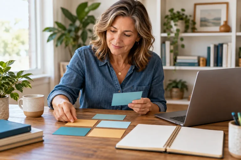 Small-business owner organizing blog topic ideas at a desk