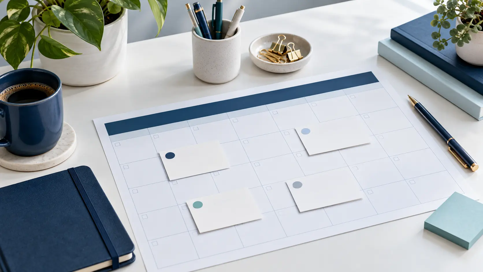 Editorial calendar with planned small-business blog posts arranged across one month