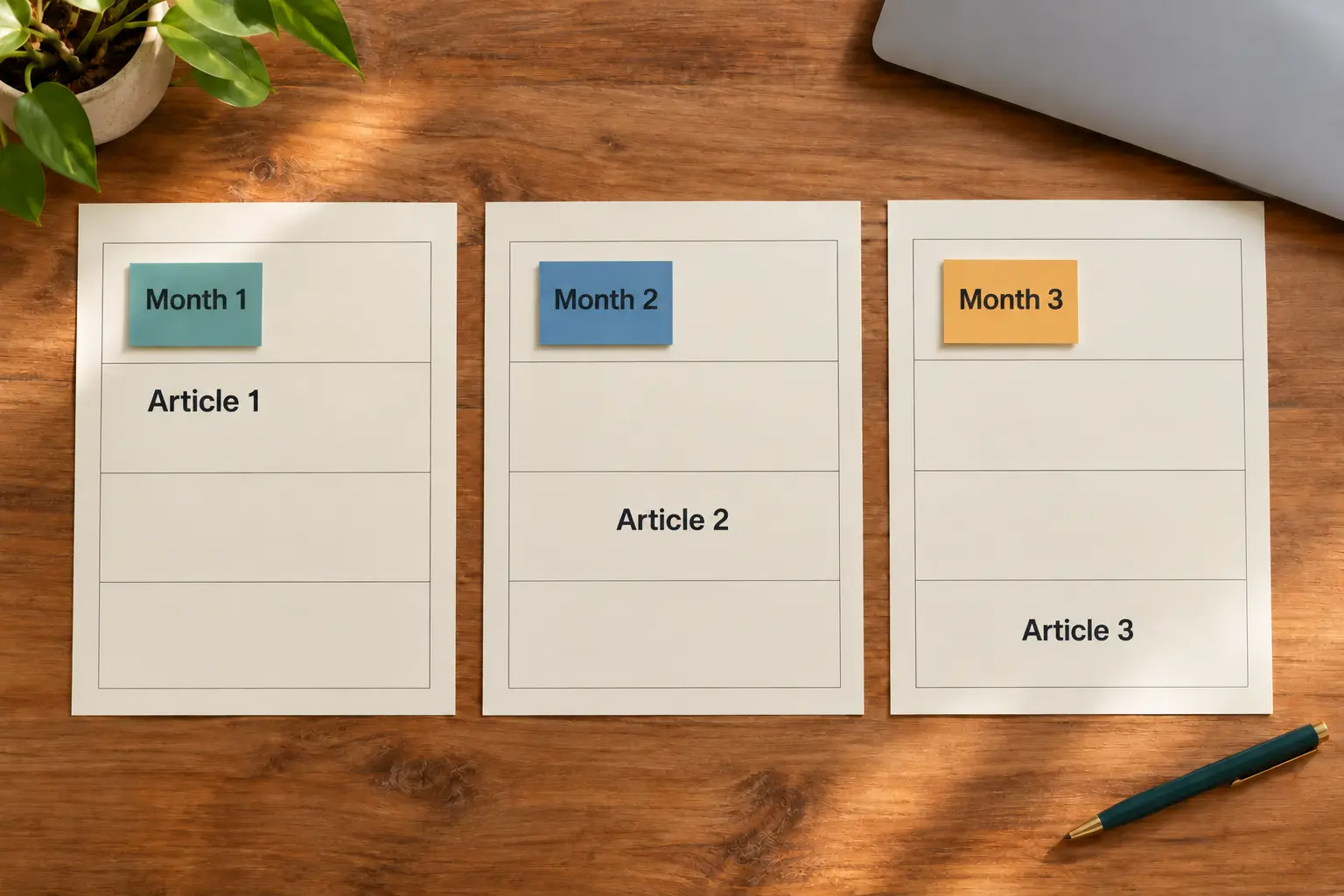 Three-month content plan with one article scheduled during each four-week month